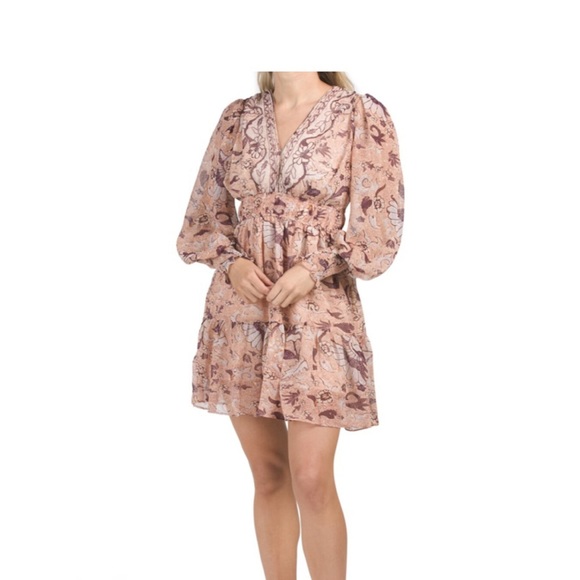 One Pretty Time  Anthropologie Floral Pink Burgundi Chiffon Boho Dress Sz M - Picture 3 of 4